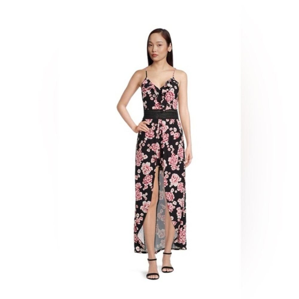No Boundaries Juniors Ruffle Walk Through Maxi Romper, Sizes M